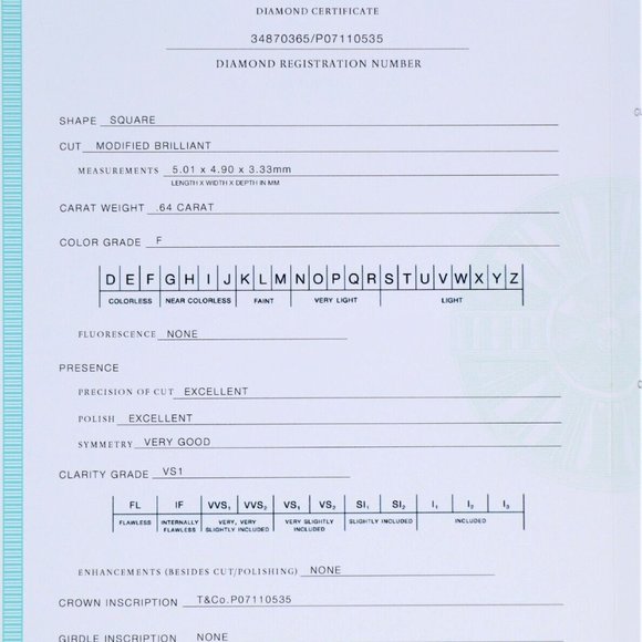 19620 Tiffany Co Platinum 0.64ct F VS1 Square Princess Diamond Engagement Ring 6 - Picture 4 of 10